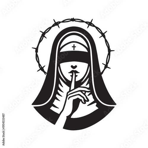 Silent black and white nun with barbed wire crown of thorns art
