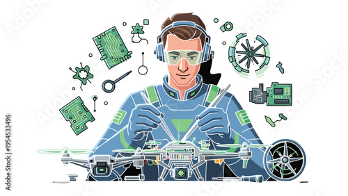 Precision Engineering: An engineer meticulously works on a drone with focused attention, surrounded by detailed technological components.
