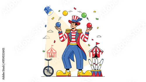 Spectacular Juggler: A vibrant illustration showcasing a charismatic juggler, effortlessly performing with colorful balls, in a dynamic and lively circus atmosphere.
