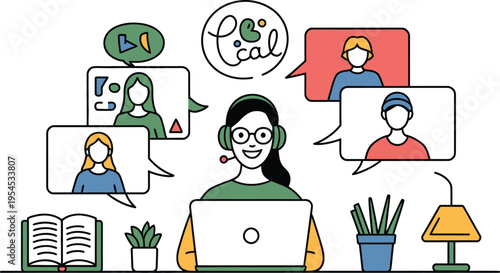 A woman wearing a headset and working on her laptop during a video call with multiple people