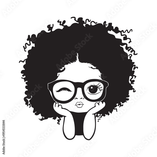 Black and white cartoon girl with big afro hair and glasses resting chin on hands
