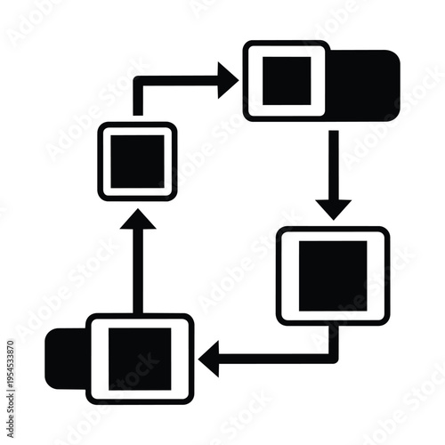 Abstract black and white icon depicting a cyclical process or workflow with state transitions and toggle switches.