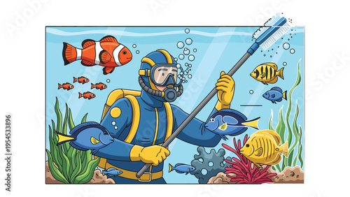 Underwater Caretaker: An illustrated depiction of a diver meticulously cleaning an aquarium, surrounded by vibrant marine life and the clear tranquility of the underwater world.
