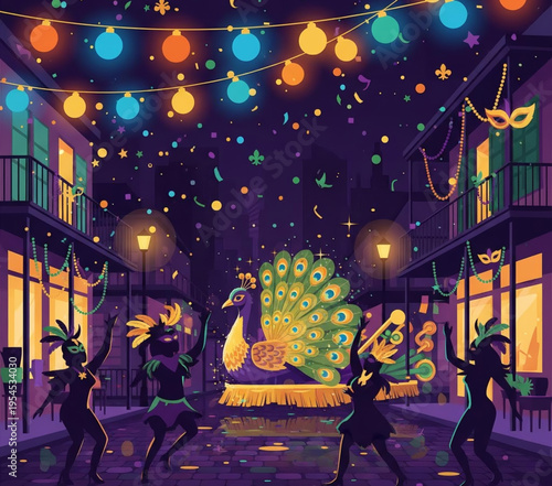 Vector illustration of a festive Christmas night scene featuring a decorated tree and snowman under a starry moonlit sky with people celebrating a holiday music party