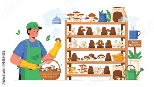 Mushroom Cultivation: A dedicated individual meticulously tends to a variety of cultivated mushrooms, symbolizing the care and dedication behind sustainable food production.