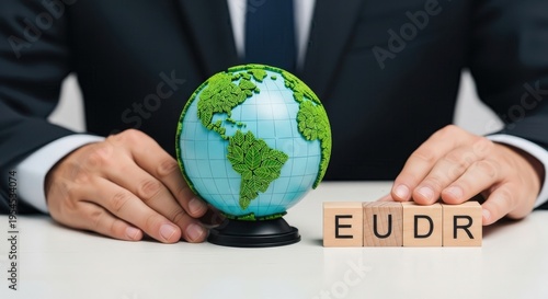 Businessman hands next to a green globe and wooden blocks with the acronym eudr written