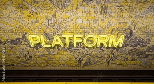 Neon Platform Sign in Subway Station with Mosaic Mural