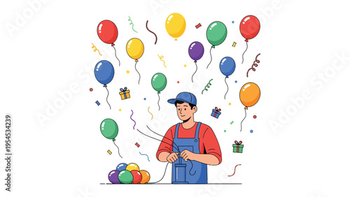 Festive Balloon Artisan: An artisan meticulously prepares a vibrant array of balloons, surrounded by celebratory decorations, crafting a scene of joy and anticipation.