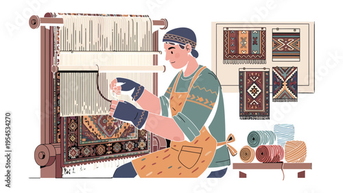 Artisan at Work: An artisan meticulously weaves intricate patterns into a traditional rug, demonstrating skill and dedication in his craft.