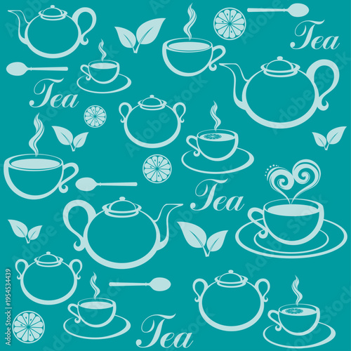 Seamless pattern with tea pots and tea cups. Hot drinks menu. Good for textile fabric design, wrapping paper, website wallpapers, textile, wallpaper and apparel.  Vector Illustration