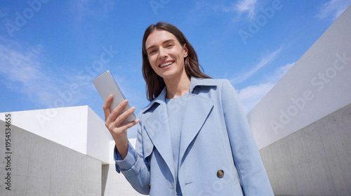 Low angle view of a smiling young woman in a blue coat holding a smartphone under a clear blue sky. Concept for digital connectivity, mobile lifestyle, modern business, and urban life.