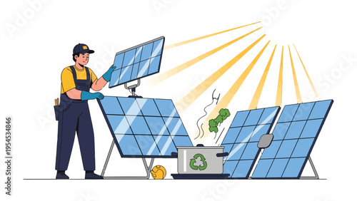 Solar Panel Installation: A technician carefully installs solar panels under the radiant sun, symbolizing a commitment to clean energy and environmental sustainability.
