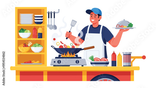 Culinary Maestro at Work: A skilled chef in a professional kitchen, expertly preparing a vibrant dish with fresh ingredients and culinary expertise. 