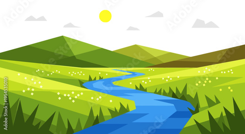 Geometric landscape illustration river flowing through green hills under sun