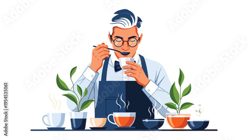 Tea Tasting Experience: A sophisticated tea connoisseur delicately samples a fragrant brew, surrounded by an assortment of tea cups and flourishing plant life.