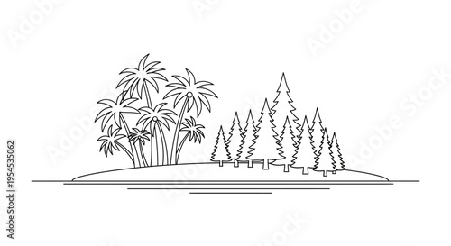 Black and white illustration of an island with trees and palm trees