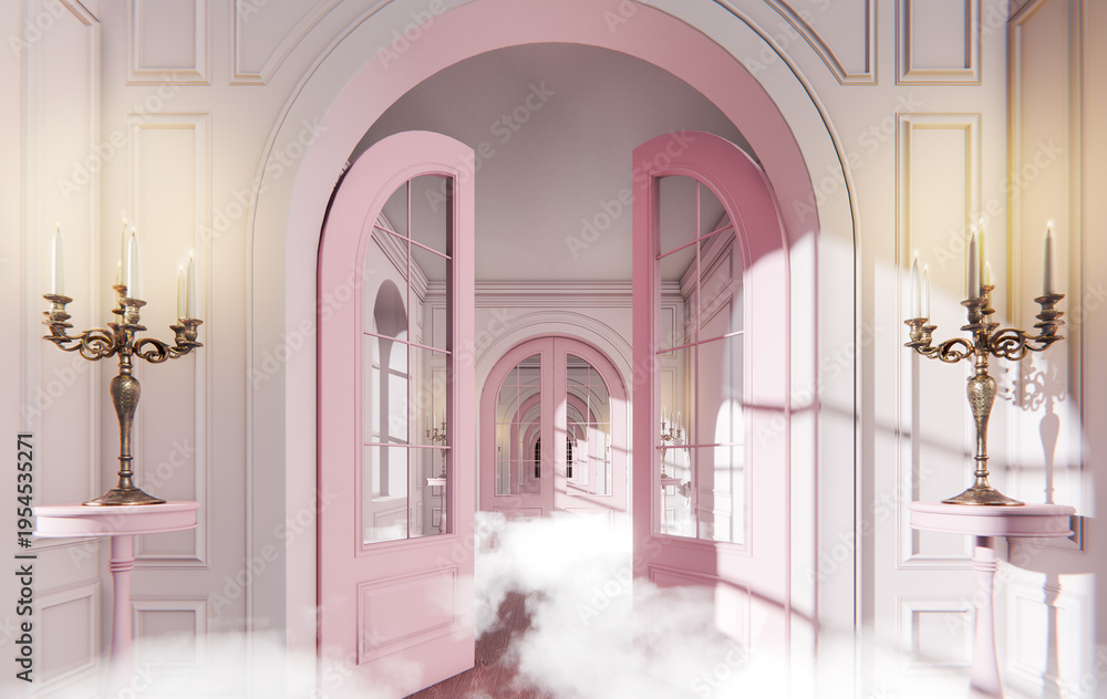 Naklejka premium Surreal Dream Pink Baroque Hall with Clouds Heaven Fantasy Portal, 3D Render