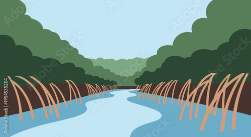 Cartoon river scene with green trees and reeds daytime landscape illustration