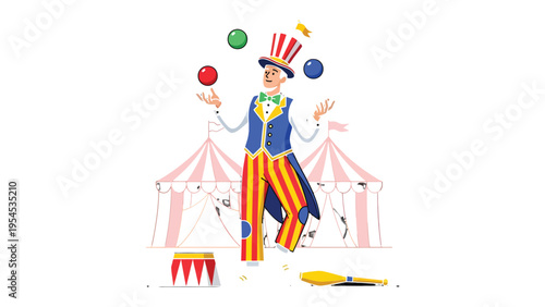 Joyful Juggler's Delight: A spirited juggler, adorned in a vibrant, vintage costume, enchants with a colorful display of artistry under the grand tent of a circus.