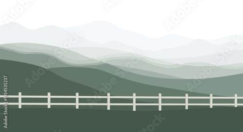 Abstract landscape with green rolling hills and white fence illustration