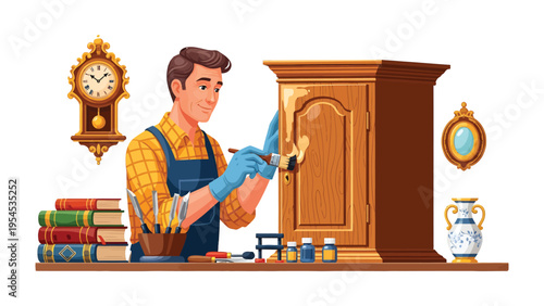 Craftsman in His Workshop: A skilled artisan meticulously works on a wooden cabinet, demonstrating the art of restoration and craftsmanship, showcasing dedication, precision.