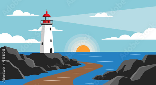 Coastal lighthouse vector illustration with rising sun and ocean view