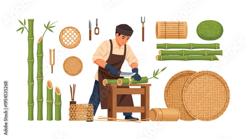 Crafting Bamboo: A craftsman meticulously carves and shapes bamboo into intricate designs, surrounded by various tools and finished products, celebrating the art of traditional craftsmanship.