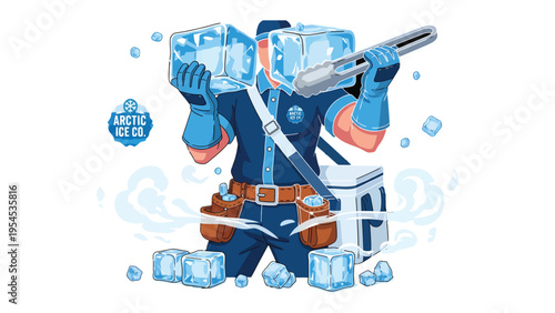 Frozen Deliverer: A diligent worker delivers frozen blocks using ice tongs and ice chest. Depicting a scene of efficient service and frozen goods distribution. 