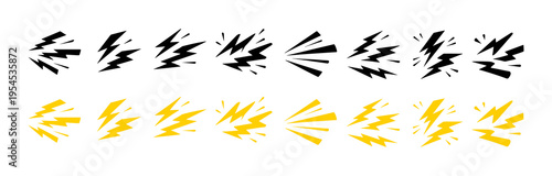 Thunderbolt energy burst vector icons. Yellow electric flash, comic boom effects and speed power symbols set