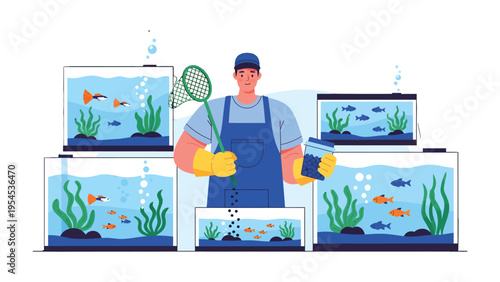 Aquarist's Aquarium Maintenance: A dedicated aquarist meticulously maintains a collection of vibrant aquariums, ensuring the well-being of the aquatic life within.