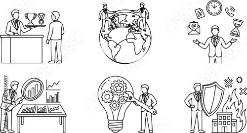 Line art vector set of business concepts including multitasking, data analysis and crisis management
