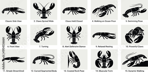 Diverse Collection of Lobster Silhouettes in Dynamic Poses, Ideal for Marine Life Themes and Culinary Branding Designs