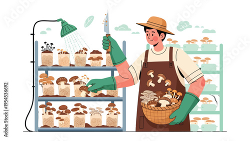 Mushroom Farmer Harvesting: A dedicated mushroom farmer harvests a basket of freshly cultivated mushrooms in an indoor farm. A close-up view capturing the precise art of mushroom harvesting.