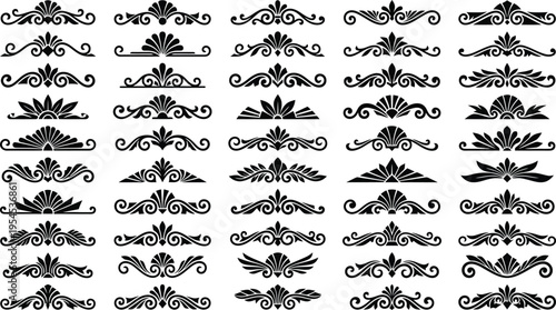 Ornate Black Decorative Flourishes and Swirls on White Background Keywords: decorative, flourish, swirl, ornament, vintage, ornate, elegant, design, element, black, white, graphic, border, divider