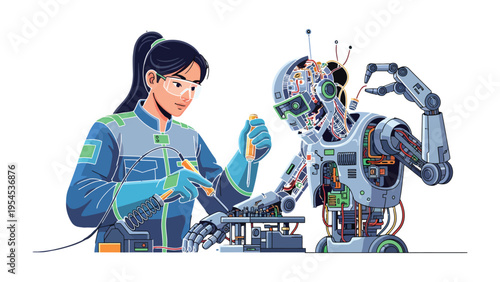 Technological Collaboration: A dedicated female engineer meticulously works on a sophisticated robot, illustrating the synergy of human ingenuity and artificial intelligence.