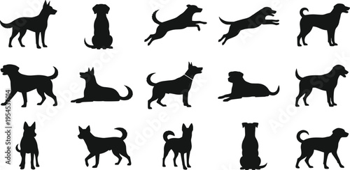 A diverse collection of black dog silhouettes, illustrating various poses and actions like standing, sitting, running, and jumping, suitable for pet-themed graphic design