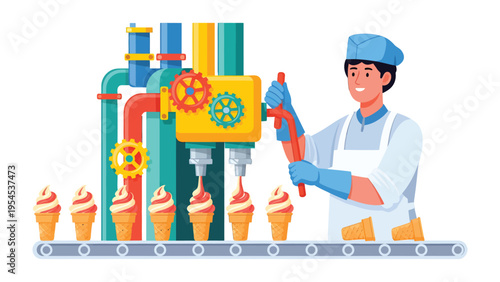 Ice Cream Production: An illustration capturing the dynamic scene of ice cream production, featuring a worker overseeing a complex machinery and freshly made ice cream cones.