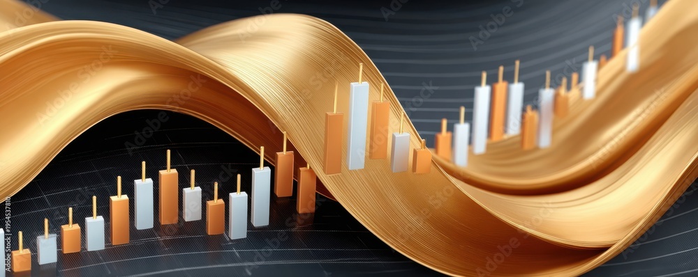 Fototapeta premium Stock market graph with gold ribbon lines and candlestick chart on a black background
