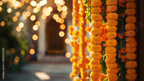 Marigold flower garlands with lights in festive celebration decor