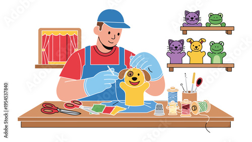 Puppet Maker at Work: A skilled artisan meticulously crafts a charming puppet, surrounded by tools and materials, with finished puppets adorning the shelves. 