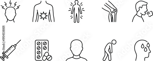 A collection of simple line illustrations depicting various symptoms of illness and pain
