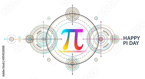 Colorful illustration of the mathematical symbol for pi surrounded by geometric designs on a white background celebrating Pi Day with a joyful and mathematical mood.