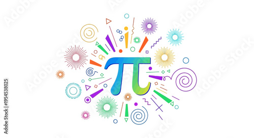 Colorful illustration of mathematical symbols and the pi symbol on a white background, celebrating Pi Day with a vibrant and playful design.