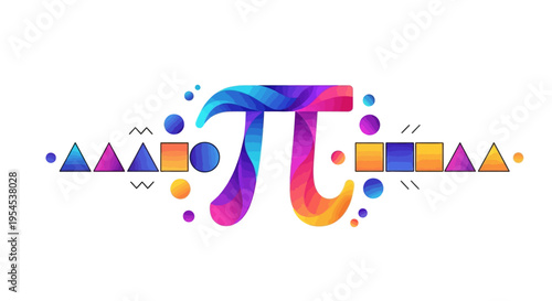 Colorful illustration of the mathematical symbol pi surrounded by geometric shapes and mathematical formulas on a white background, celebrating Pi Day with a vibrant and artistic design.