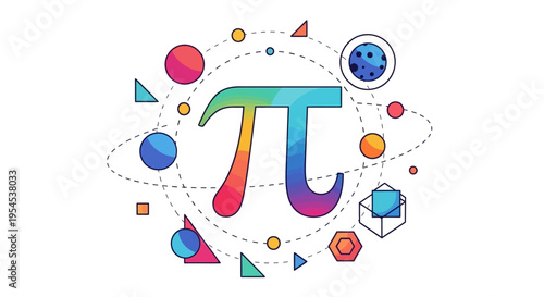 Colorful illustration of the mathematical symbol pi surrounded by geometric shapes and icons on a white background, celebrating Pi Day with a vibrant and playful design.