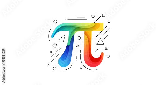 Colorful illustration of the mathematical symbol pi, surrounded by geometric shapes and lines on a white background, celebrating Pi Day with a vibrant design.
