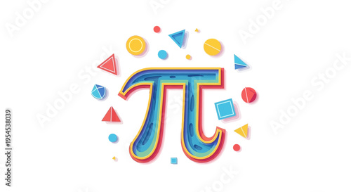 A colorful illustration of the mathematical symbol pi surrounded by geometric shapes and icons in a vibrant design, celebrating Pi Day with a mix of decimal numbers and mathematical