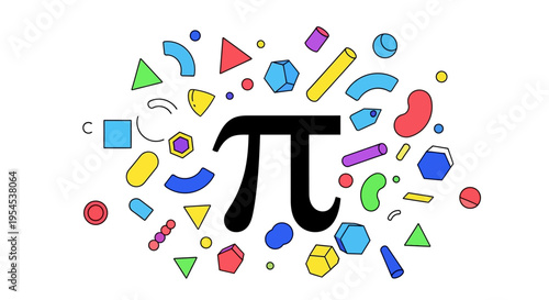 Colorful illustration of the mathematical symbol pi surrounded by various geometric shapes and icons on a white background, celebrating Pi Day with a vibrant and playful design.