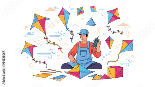 Kite Maker and Kites in the Sky: A skilled kite maker crafting a colorful kite surrounded by kites of various designs gracefully soaring in the sky.
