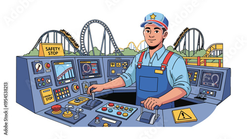 Control Room Operator: An image that shows a focused operator, managing the controls within a room, overseeing a thrilling roller coaster ride.